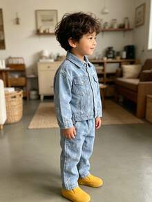 男童幼兒秋季牛仔夾克與長褲2件套，適合日常、學校、戶外、休閒穿著 - 淺藍色 - 查看 6