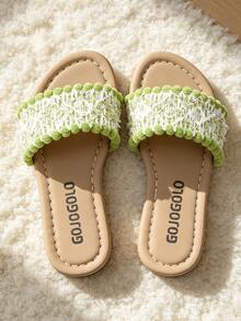 3-12 Years Old Children's Best-Selling Green And White Color Slippers, Hollow Lace Design, Green Pom Pom Trim, Mixed Style - Green - View 6
