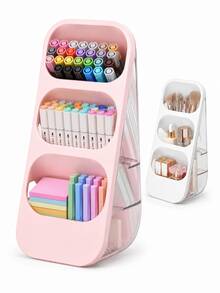 1/2/3pcs Pink/White Desktop Storage Box + 2 Transparent Single Compartment Storage Box/Set, Large Capacity Partitioned Marker Storage Rack, Multi-Functional Stationery Storage Box, Visible Transparent Desktop Organizer, Thickened Durable Classificati - Type a - View 2