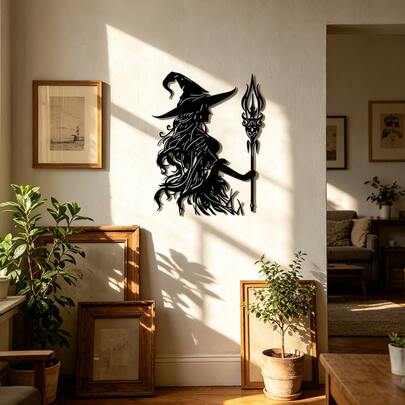 1pc Gothic Witch Metal Wall Decor, Witch Holding Staff Silhouette, Farmhouse Style Decoration, Halloween Gift, Indoor/Outdoor Home Decor, Hanging Ornament
