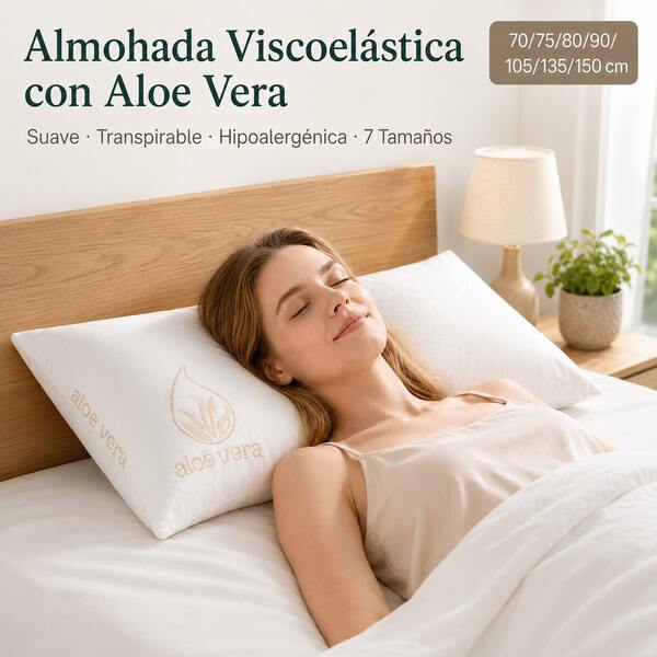 Almohada Viscoelástica con Aloe Vera, Almohada de Espuma Viscoelástica Suave y Transpirable, Hipoalergénica, Funda Desenfundable con Cremallera, Reduce la Acumulación de Calor, Alivia la Tensión del Cuello y Hombros, 7 Tamaños 70/75/80/90/105/135/150 cm, Lavable