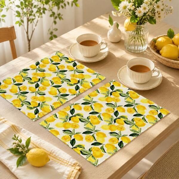 1pc/4pcs/6pcs/8pcs Lemon Fruit Print Pattern, Suitable For Dining Table, Breakfast Mat, Coffee Bar, All Season Decor, Washable Table Mat, Room Decoration, Kitchen Dining Table Placemat, Indoor/Outdoor Party Decoration, Home Decor, Ideal Gift