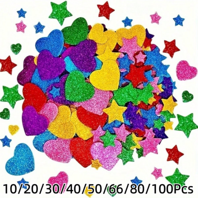10/20/30/40/50/66/80/100Pcs Colorful Glitter Foam Stickers - Self-Adhesive Star & Heart Shapes, Shiny Plastic Decorative Stickers, Suitable For DIY Crafts, Cards, Home Decor, Party Supplies (Mixed Colors), Creative Projects | Fun Shapes | Greeting Card Decoration | Vibrant Decor | Self-Adhesive Design | Shiny Texture - Random Styles