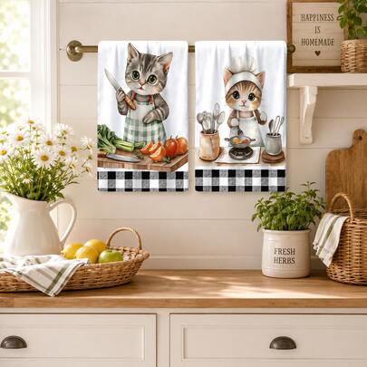 2/4/6 piezas/Set, Toalla de cocina, Toalla con estampado de gato lindo, Toalla de cocina para cocinar y hornear, Paño de cocina, Toalla de limpieza, Toalla de mano, Toalla de té, Súper suave y altamente absorbente, Decoración de cocina, Accesorios de cocina, Necesidades diarias, Necesidades de la vida.