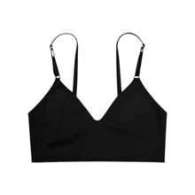 Women's No Show Seamless Bralette, Wireless V Neck Lounge Bra With Adjustable Straps, Soft Stretch Breathable Crop Innerwear For Home, Travel, Layering & Light Activity - Black - View 11
