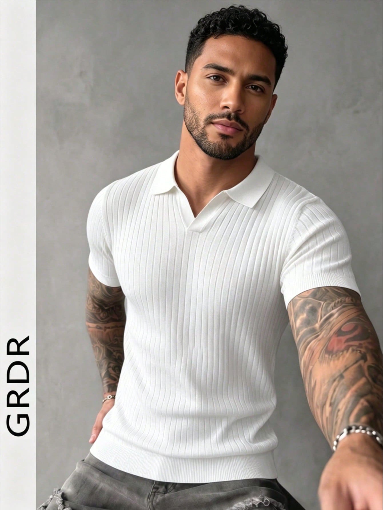 GRDR Men's Summer Airplane Collar Ribbed Solid Color Short Sleeve Knit Sweater, Suitable For Summer Outings, Essential For Fashionable Styling