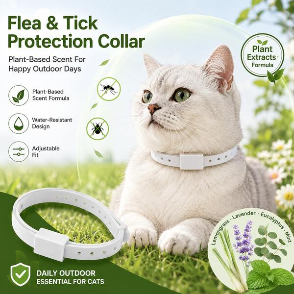 Cat Flea & Tick Collar, Adjustable Lightweight Outdoor Cat Collar, Water-Resistant Plant-Based Scent Collar For Cats & Kittens, White