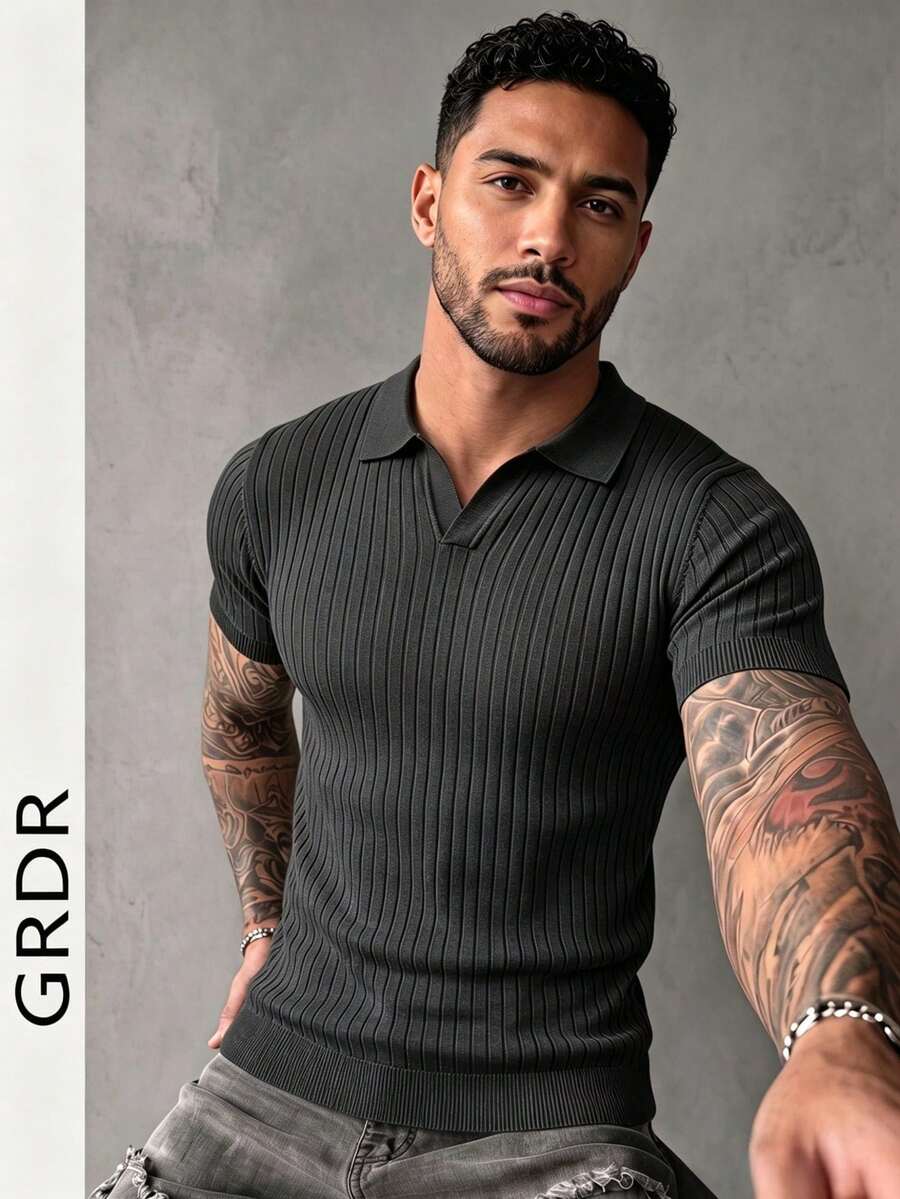 GRDR Men's Summer Airplane Collar Ribbed Solid Color Short Sleeve Knit Sweater, Suitable For Summer Outings, Essential For Fashionable Styling