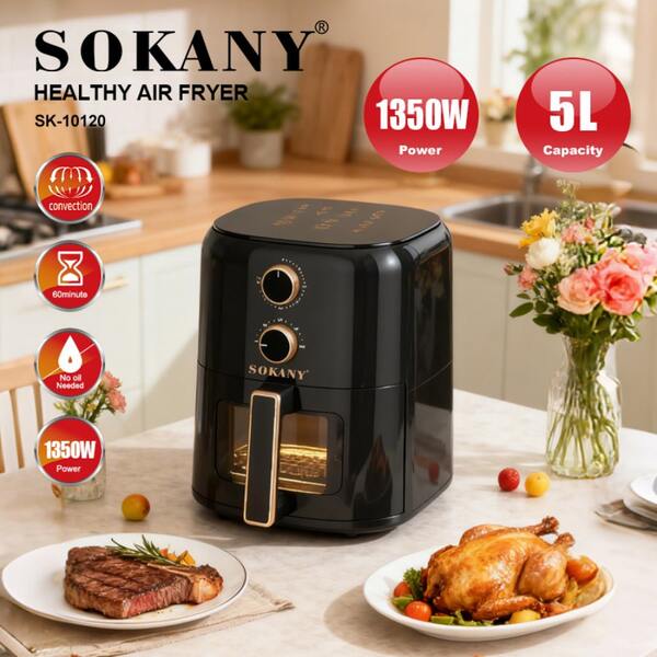 SOKANY 10120 مقلاة هوائية منزلية، سعة كبيرة 5 لتر، قوة 1350 واط، نطاق تحكم في درجة الحرارة من 80-200 درجة مئوية، تصميم بمقبضين، مثالية لطهي البطاطس المقلية وأجنحة الدجاج المقلية والدجاج المشوي واللحم المقدد وغيرها في المنزل