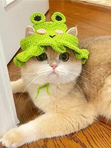 1pc Handmade Knitted Pet Hat, Dog/Cat/Frog Shape, Polyester Fiber Material, Fun Party Costume Headwear, Suitable For Small Cats - Multicolor - View 1