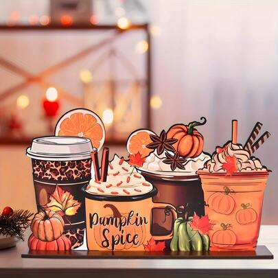 Autumn Harvest Wooden Desktop Hanging Sign - Pumpkin & Maple Leaf Cup Design, Suitable For Halloween And Thanksgiving Decor, Office & Home Seasonal Accents, Handmade Craft,