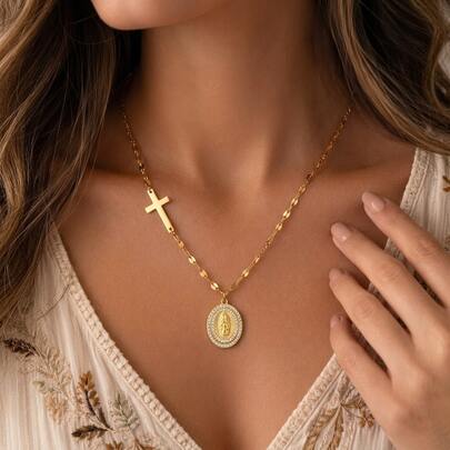 1pc Classic Vintage Cross Mary Mama Pendant Golden Stainless Steel Lip Chain Necklaces For Women