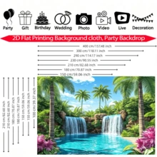 1pc Tropical Coconut Grove Waterfall Water Scene Backdrop, Double Layered Mountain Spring Emerald Pond Palm Tree Pattern, Suitable For Summer Party, Indoor/Outdoor Background Decoration, Room, Garden And Summer Celebration - A - View 3