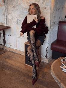 1 Pair Women's Lace Fishnet Tights Stockings, High Waist Tummy Control Slimming Plus Size Fishnet Jacquard Leggings, Suitable For Various Occasions - Black - View 4