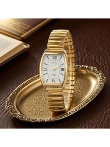 Women's Vintage Business Casual Quartz Watch - Elegant Barrel-Shaped Dial, Elastic Band, Minimalist Fashion Wristwatch For Daily Office & Daily Wear - 金色 - 查看 1