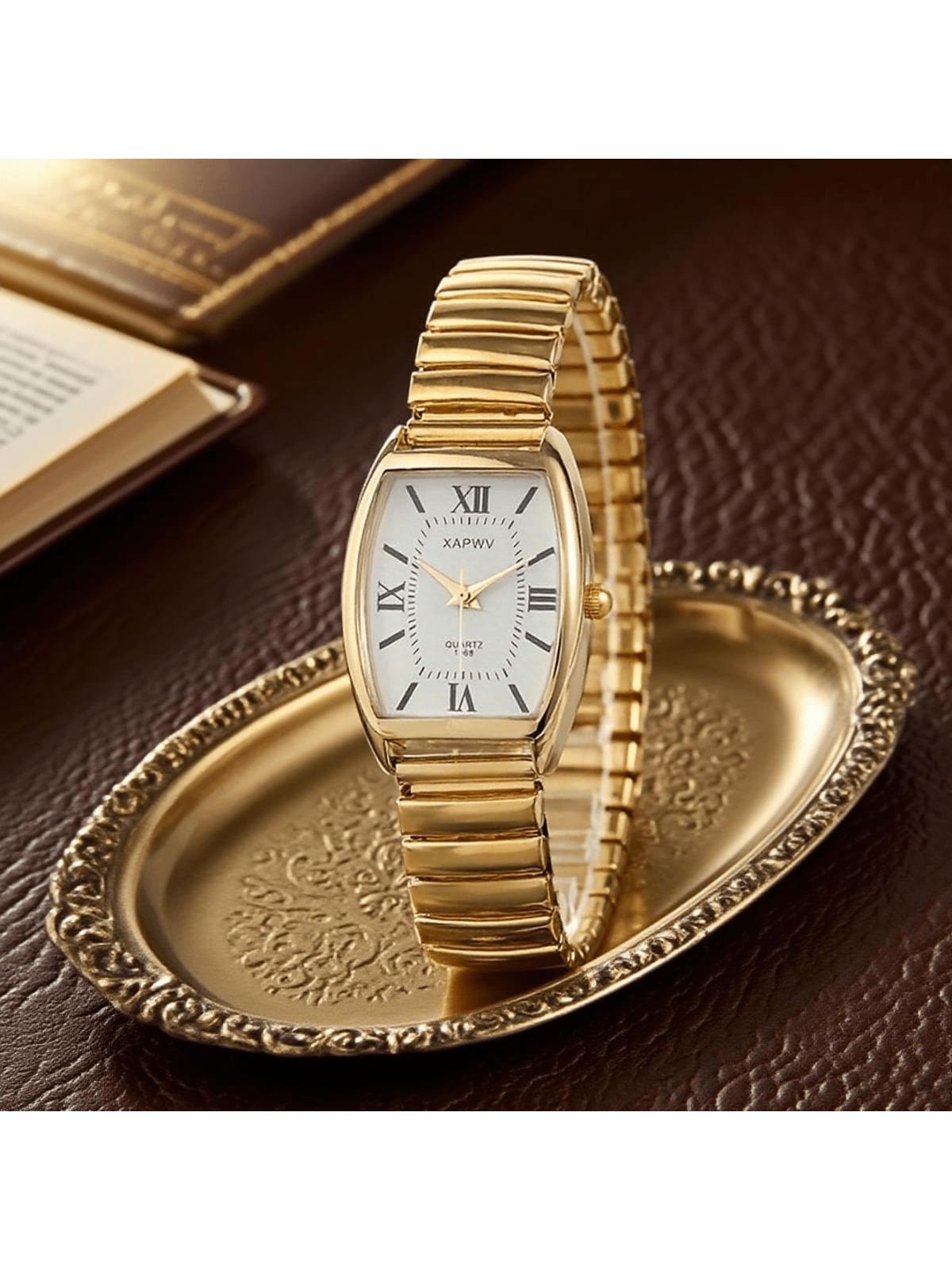 Women's Vintage Business Casual Quartz Watch - Elegant Barrel-Shaped Dial, Elastic Band, Minimalist Fashion Wristwatch For Daily Office & Daily Wear - 金色 - 查看 1