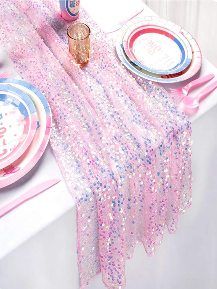 1pc Sparkling Iridescent Pink Sequin Table Runner, Reflective Glossy Texture, Premium Quality, Multiple Sizes Available, Suitable For Afternoon Tea With Friends And Other Occasions, Adds Highlight To Table Decor - Multicolor - View 11