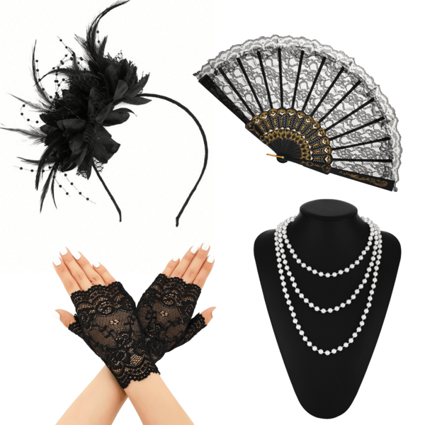 Conjunto Decorativo Vintage de 4 Peças para Mulheres dos Anos 1920, Roupa de Festa de Casamento e Celebração, Tiara, Colar, Luvas e Leque de Mão. Presente para Família e Amigos