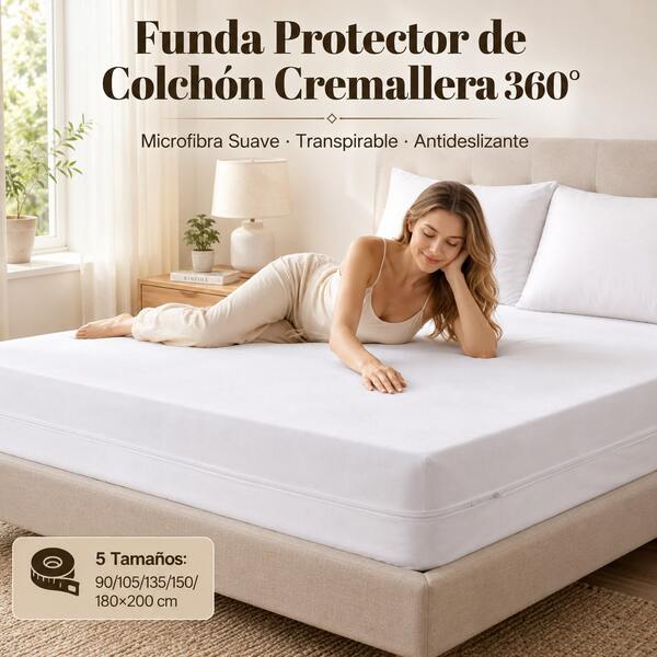 Funda Protector de Colchón Cremallera 360°, Funda Transpirable Suave de Microfibra con Cierre Lateral, Cubrecolchón Antideslizante con Correas Esquineras, Protege tu Colchón del Polvo, Manchas, Mascotas y Ácaros, 5 Tamaños para Cama 90/105/135/150/180*200 cm hasta 25 cm
