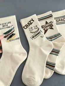 5 Pairs Of Random Styles Of Maillard Printed Vintage Letter Printed Boat Socks, Fashionable Men's Sports Socks, Autumn Style - Multicolor - View 3
