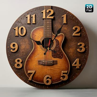 Wooden Wall Clock-2D Flat 1pc Acoustic Guitar Vintage Distressed Music Instrument Decorative Printed Lightweight Indoor Easy To Install Battery Operated Silent Wall Clock Non-Ticking Easy To Read Round Wall Clock For Home Office Kitchen Bedroom Livin