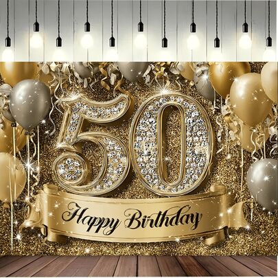 1件優雅50歲生日派對背景布幔－聚酯纖維材質，黑金亮片氣球設計，適用於50週年慶祝－多功能攝影背景，室內外裝飾