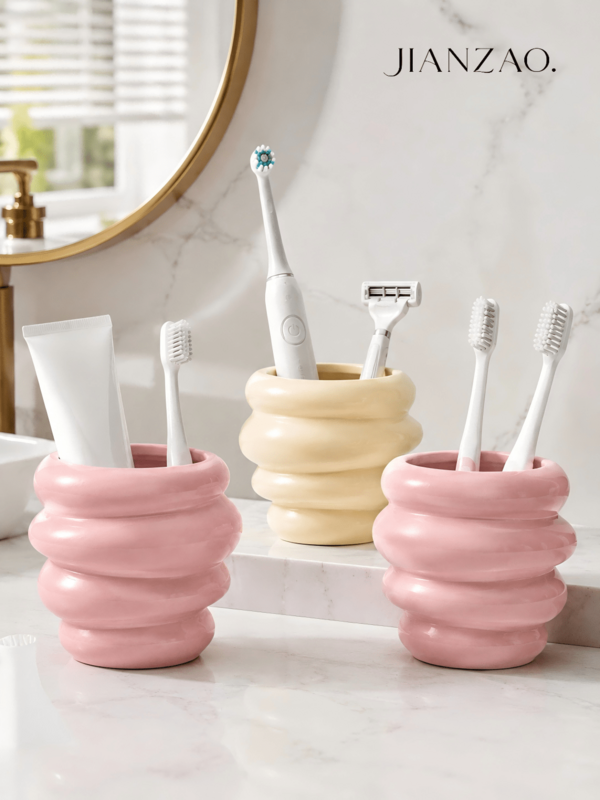 Ins Hot-Selling Cream Style 4-Layer Spiral Resin Storage Cup, Glossy Pink And Beige Dual-Color Toothbrush Toothpaste Razor Makeup Brush Holder, Cute Bathroom Vanity Aesthetic Decor Gift