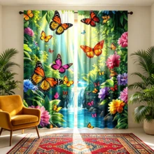 2 piezas Cortinas semitransparentes con paisaje de bosque y cascada natural, material de poliéster, con bolsillo para barra, estilo moderno, lavables a máquina, adecuadas para dormitorio y sala multiusos - Multicolor 5 - Ver 8