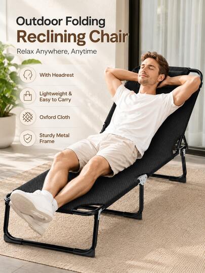 1pc 176x55.8x27cm Durable Outdoor Folding Lounge Chair With Headrest, 2026 Latest Lightweight Portable Lounge Chair, Oxford Fabric, Sturdy Metal Frame, Suitable For Beach, Patio, Poolside, Camping, Garden Leisure, Summer Travel, Backyard, July 4th