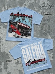Street Life Men's Y2k Style Graphic Funny Printing (220 Pure Cotton T-Shirt) Godspeed Skull Tee: Surf & Atlanta Vibe,Men's Summer Round Neck Short - 淺藍色 - 查看 11