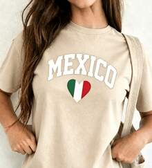 Women's Casual T-Shirt, Round Neck, Short Sleeve, MEXICO Print, Made In Mexico, Unisex Loose Fit Cotton T-Shirt With Short Sleeves And Round Neck, Vintage Urban Style - 杏色 - 查看 1