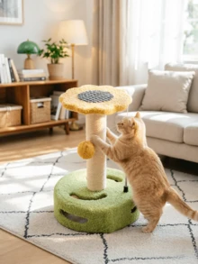 Small Flower-Shaped Cat Tree, Scratch-Resistant Sisal Posts, Hollow Base With Cat Teaser Ball, Viewing Platform Included, Multiple Colors Available, Integrated Play And Scratching Design With Space-Saving Footprint. - Multicolor - View 3