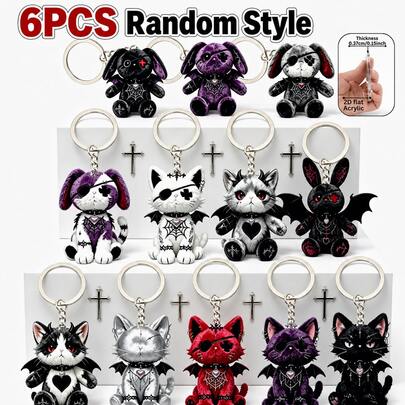 6PCS Random Style 2D Flat Dark Gothic Cute Pet Keychain Blind Box Series - Vampire Cat Rabbit Acrylic Pendant, Halloween Personalized Backpack Charm, Cute Dark Style Pet Doll Keychain, Bat Wing Heart Element Creative Decoration, Suitable For School Bag Pendant, Car Key Accessory, Couple Gift, Best Friend Gift, Holiday Party Favor, Collection Ornament, Gothic Style Accessory, Multiple Animal Shapes Randomly Matched, Lightweight Durable Fashionable Eye-Catching Gift