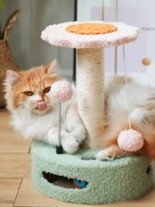 Small Flower-Shaped Cat Tree, Scratch-Resistant Sisal Posts, Hollow Base With Cat Teaser Ball, Viewing Platform Included, Multiple Colors Available, Integrated Play And Scratching Design With Space-Saving Footprint. - Multicolor - View 6