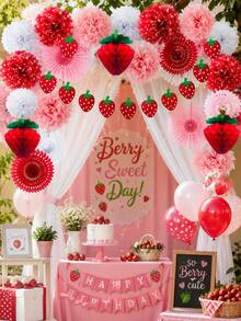 1 Set 22pcs Strawberry Theme Paper Party Decorations, Including Strawberry Hanging Decor And Backdrop, Suitable For Birthday Party, Holiday Celebration, Dessert Table And Summer Party Decoration - Strawberry Theme - View 3