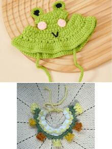 1pc Handmade Knitted Pet Hat, Dog/Cat/Frog Shape, Polyester Fiber Material, Fun Party Costume Headwear, Suitable For Small Cats - Multicolor - View 3