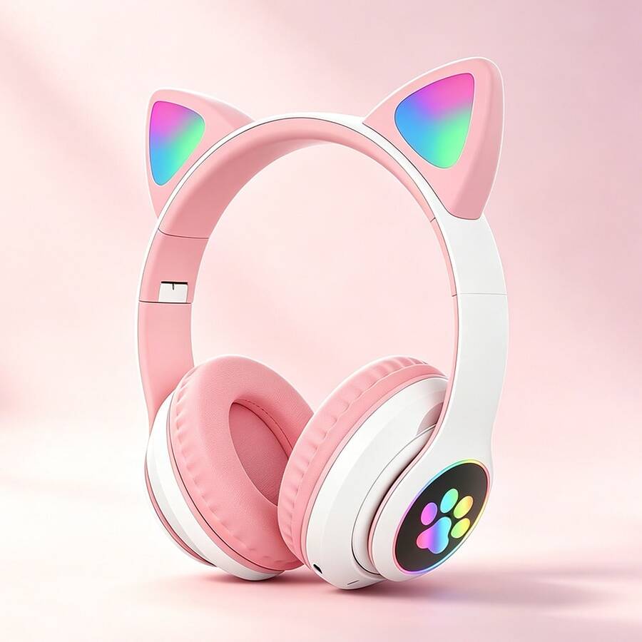 Kids Learning Cat Ear Bluetooth 6.0 Headphones With LED Glowing Light, Foldable Wireless Over-Ear Headset, 400mAh Battery 24H Endurance, AUX TF Card Compatible With PC Laptop For Kids Adults - 查看 1