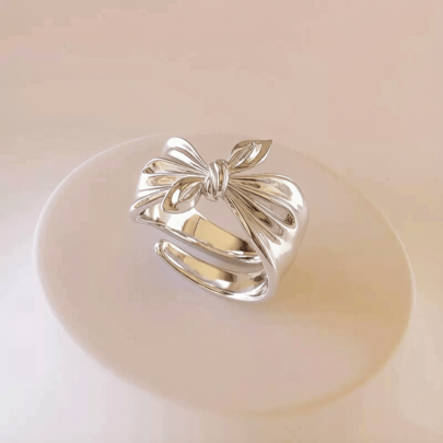 1pc Fashionable Minimalist Silver-Plated Bow Ring, 3D Bow Open Adjustable Ring, Party Jewelry Accessory Gift