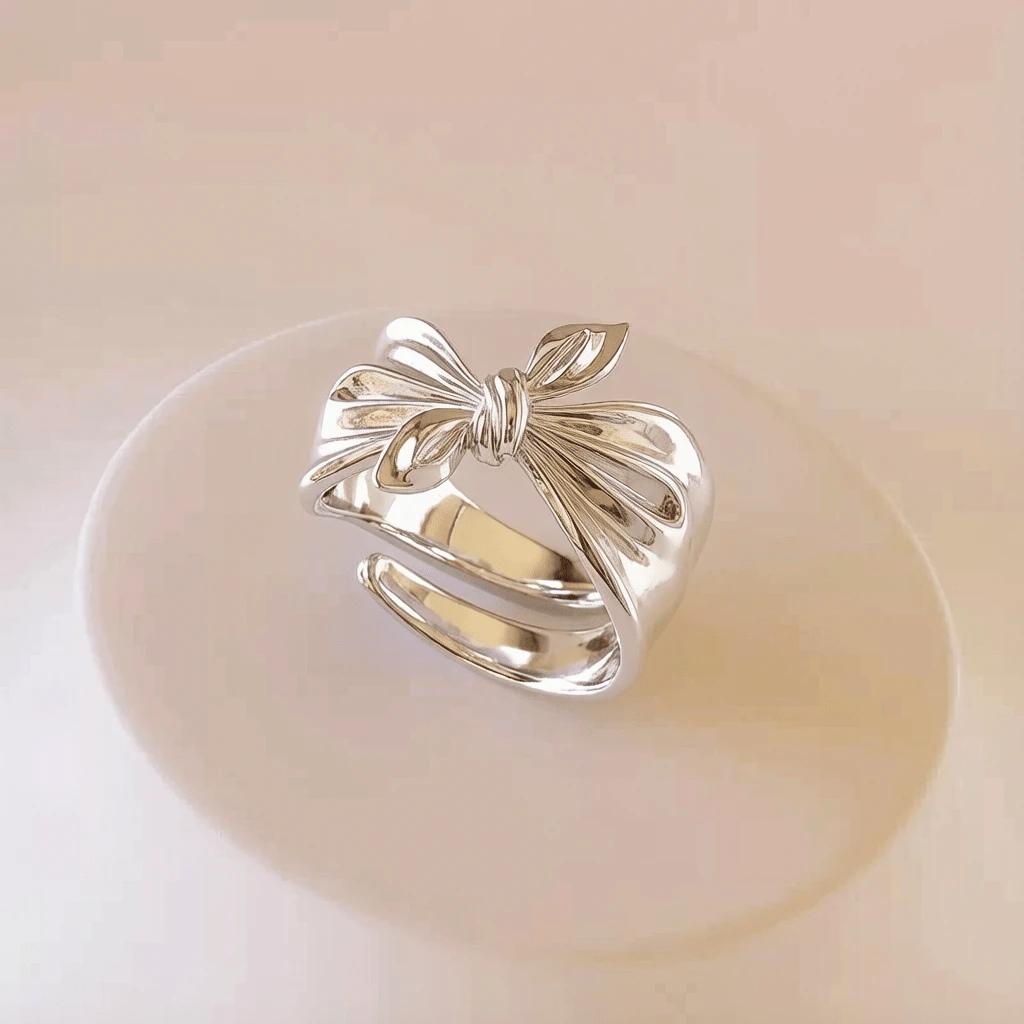 1pc Fashionable Minimalist Silver-Plated Bow Ring, 3D Bow Open Adjustable Ring, Party Jewelry Accessory Gift - Silver - View 1
