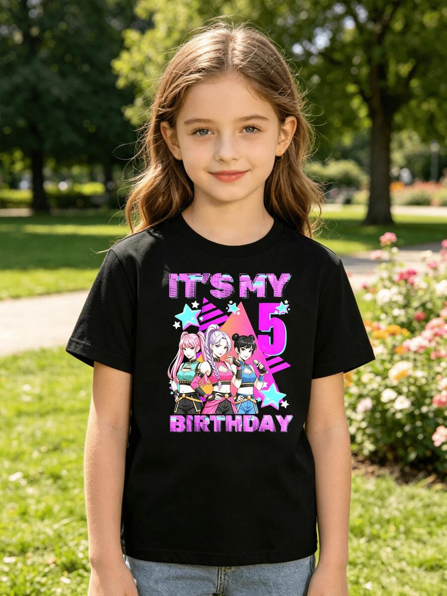 K-Pop Warriors Outfits For Girls, Girl's Clothing, Girlism Girls & Boys 5th Birthday K-Pop Number 5 Set - Soft And Breathable T-Shirt For 5-Year-Olds, Birthday Party And Casual Outfit, Short Sleeve Crew Neck T-Shirt, Parents' Favorite For 5th Birthday, Casual Graphic T-Shirt For Kids, Letter And Game Console Print, Short Sleeve Crew Neck, Spring/Summer - 黑色 - 查看 1