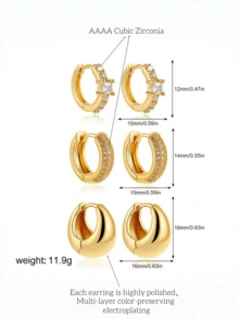 CHICAT 6pcs/Set Gold-Plated Thick Water Drop Huggie Earrings, Stackable Multi-Hole Ear Jewelry, Fashion Accessories For Women And Girls - Gold - View 3