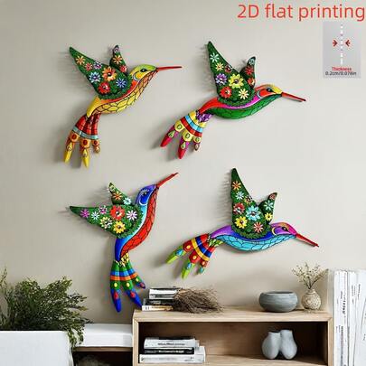 2Dflat, 4 piezas Nueva y Exquisita Decoración de Pared de Colibrí de Acrílico con Hermoso Patrón Floral en las Alas, Adecuada para Granja, Patio, Terraza, Decoración de Jardín, Inauguración de Casa, Boda, Navidad