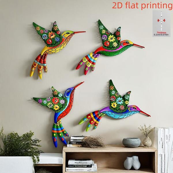 2Dflat, 4 piezas Nueva y Exquisita Decoración de Pared de Colibrí de Acrílico con Hermoso Patrón Floral en las Alas, Adecuada para Granja, Patio, Terraza, Decoración de Jardín, Inauguración de Casa, Boda, Navidad