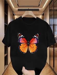 Camiseta Wo con Estampado de Mariposas Vibrantes, Cuello Redondo, Ligera, Informal, para Verano, con Diseño de Mariposas - Negro - Ver 1