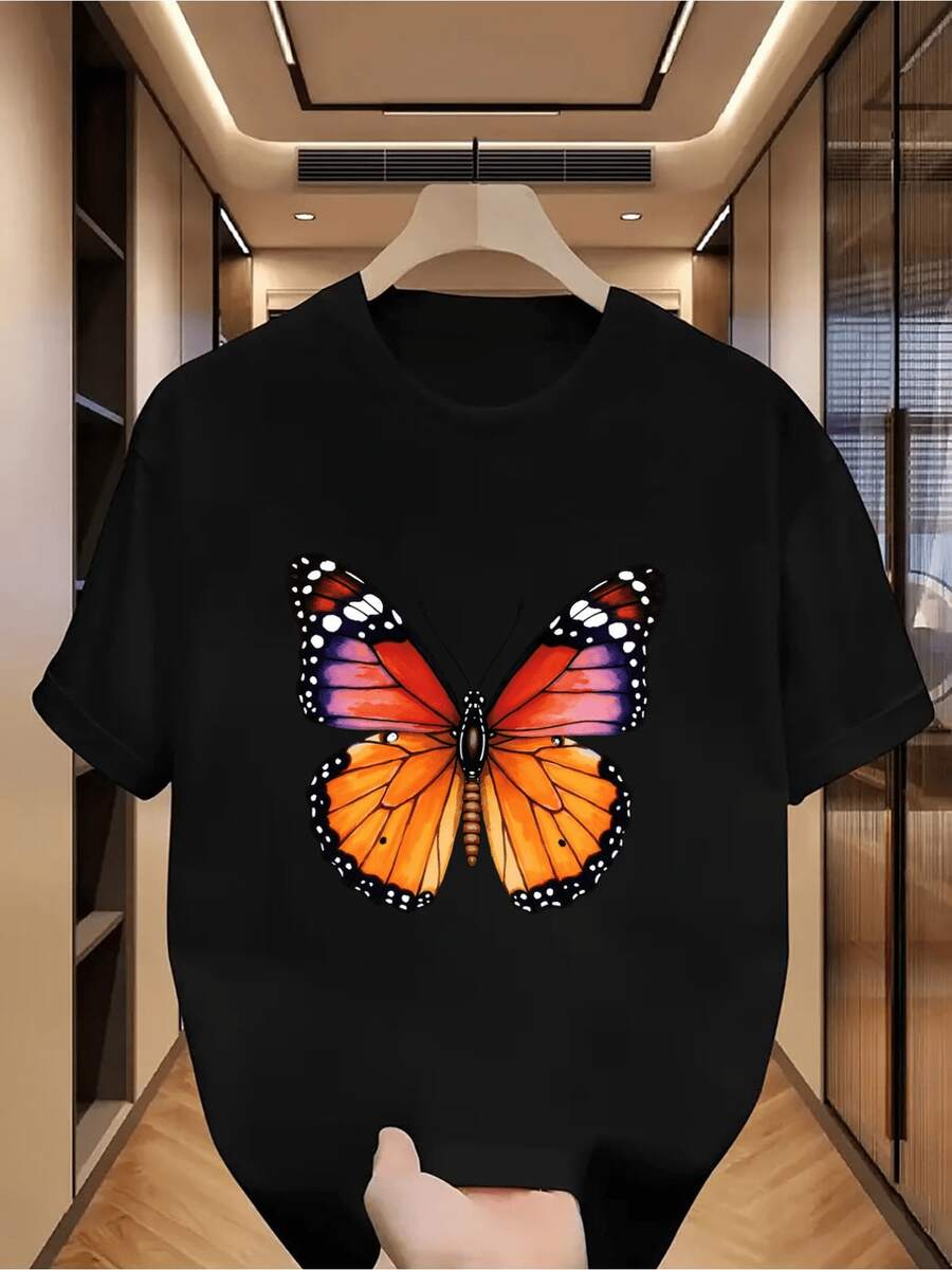 Camiseta Wo con Estampado de Mariposas Vibrantes, Cuello Redondo, Ligera, Informal, para Verano, con Diseño de Mariposas - Negro - Ver 1