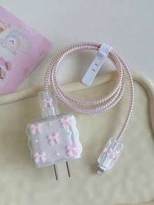5pcs Light Pink Bow & White Pearl Design Charger Protector Set, 20W/18W Charger, Cable Protector, Charging Head Cover, Compatible With Apple Charger - Pink Butterfly - View 8