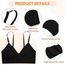 Women's No Show Seamless Bralette, Wireless V Neck Lounge Bra With Adjustable Straps, Soft Stretch Breathable Crop Innerwear For Home, Travel, Layering & Light Activity - Black - View 5