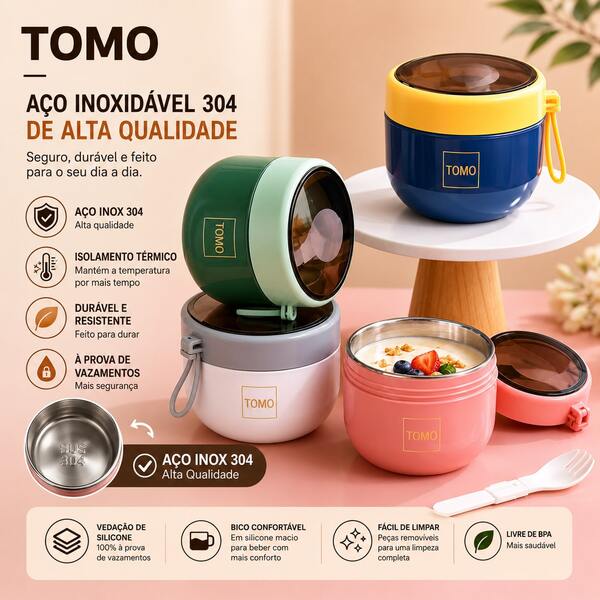 Marmita Inox / Copo Térmico  para aveia 600ML bloqueio temperatura e reservação  Salada  fruta Iogurte e Sop com Colhe