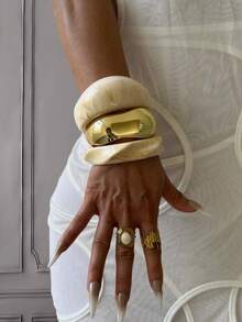 3 Piecesunique Open Bangle, Gold Bangle, Resin Bangle, Wide Bangle, Large Chunky Bangle, Bangle Set, Luxurious Elegant Style, Suitable For Women - Multicolor - View 8