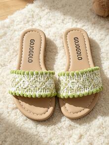 3-12 Years Old Children's Best-Selling Green And White Color Slippers, Hollow Lace Design, Green Pom Pom Trim, Mixed Style - Green - View 5